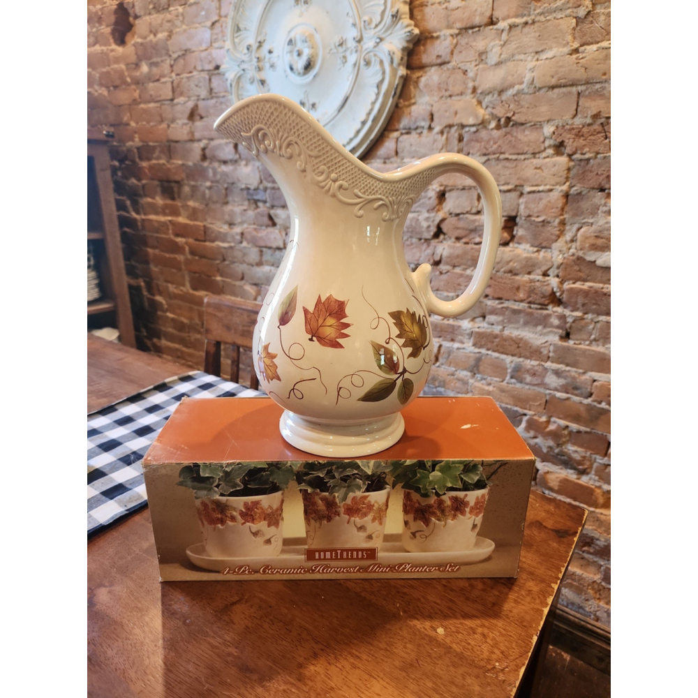 New! Large Ceramic Fall Pitcher and 4 Piece Planter Set